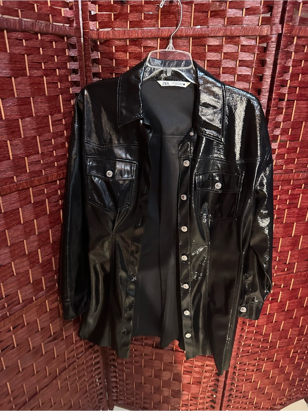 ZARA Black Glossy Faux-Leather Shacket